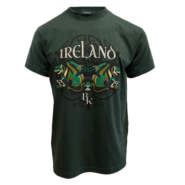 Book of Kells Bottle Green Embroidered and Appliqued Ireland Mens T-Shirt