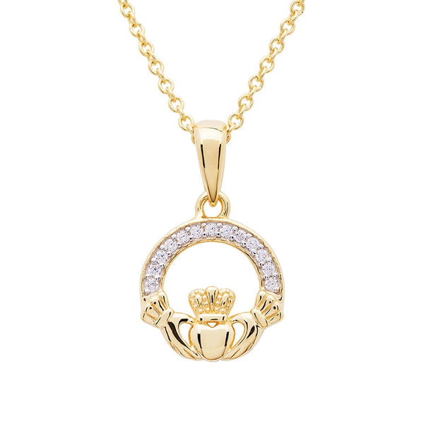 14KT Gold Vermeil Claddagh Necklace with Cubic Zirconia