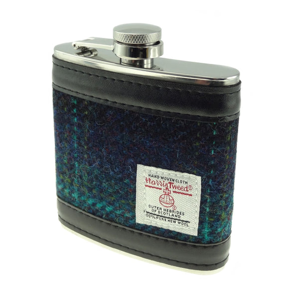 6oz Harris Tweed Hip Flask in Blue with Turquoise Overcheck