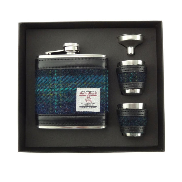 6oz Harris Tweed Hip Flask Gift Set in Blue with Turquoise Overcheck