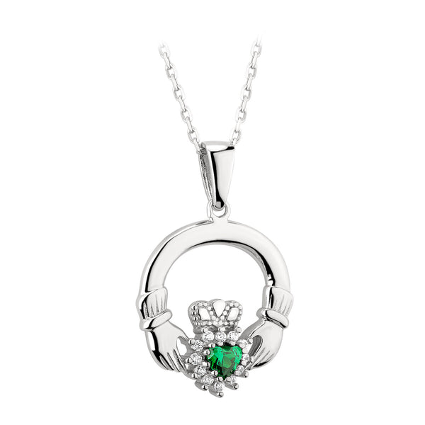 Silver Green Heart CZ Claddagh Necklace