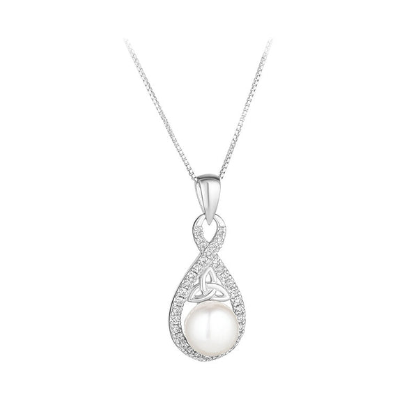 Sterling Silver Crystal & Pearl Twisted Trinity Knot Necklace