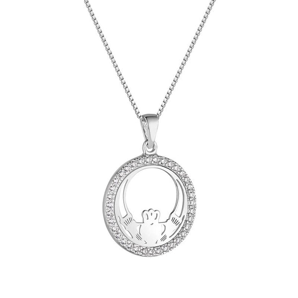 Sterling Silver CZ Round Claddagh Necklace