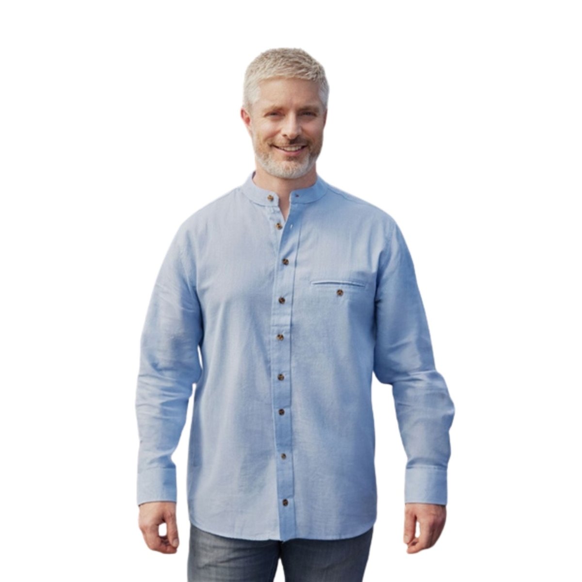Men's Irish Collarless Linen Grandfather Shirt- Sky Blue, Medium