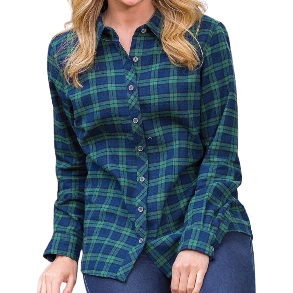 Women's Irish Fitted Flannel Shirt- Green and Navy Tartan, 2X-Large
