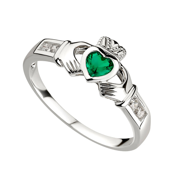 Silver Emerald CZ Shoulders Claddagh Ring