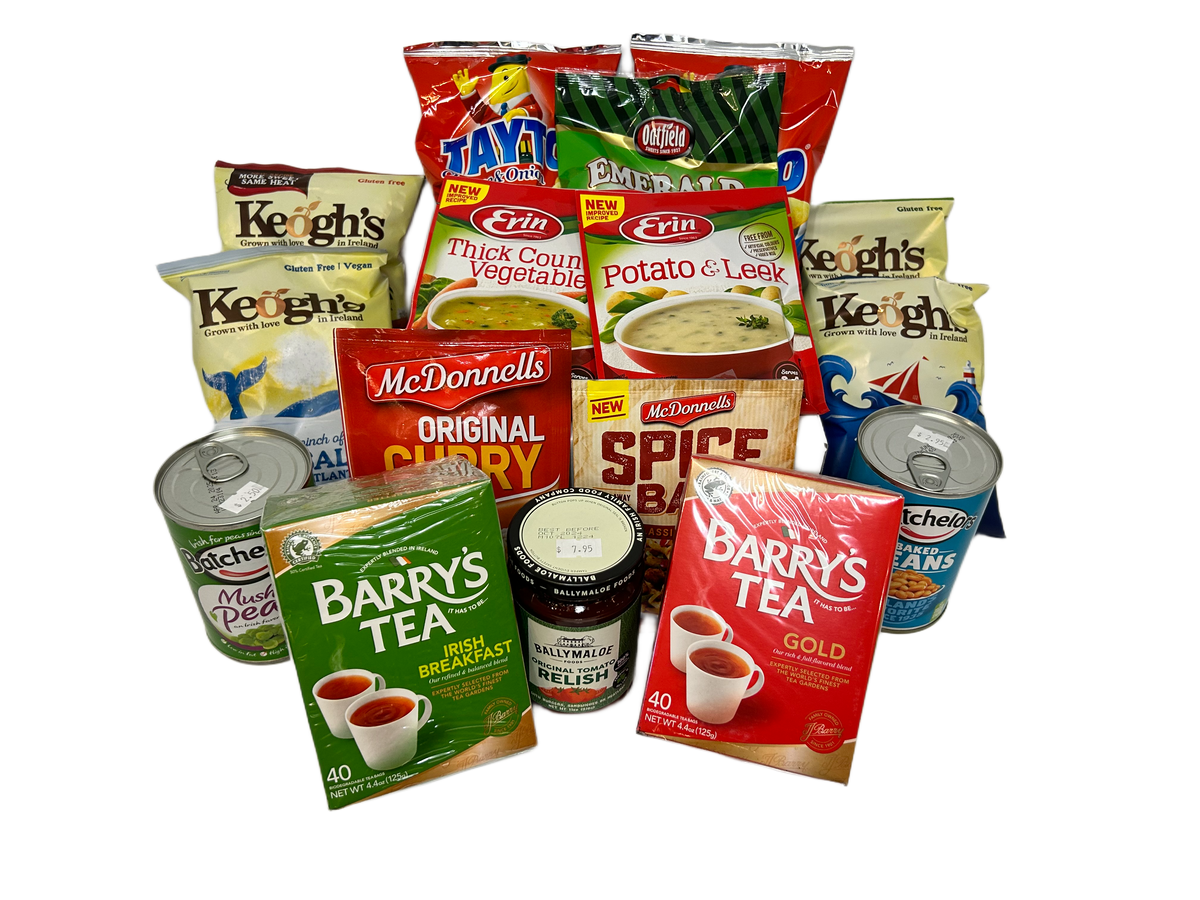 Assorted food products including snacks, drinks, and tea packages on a white background