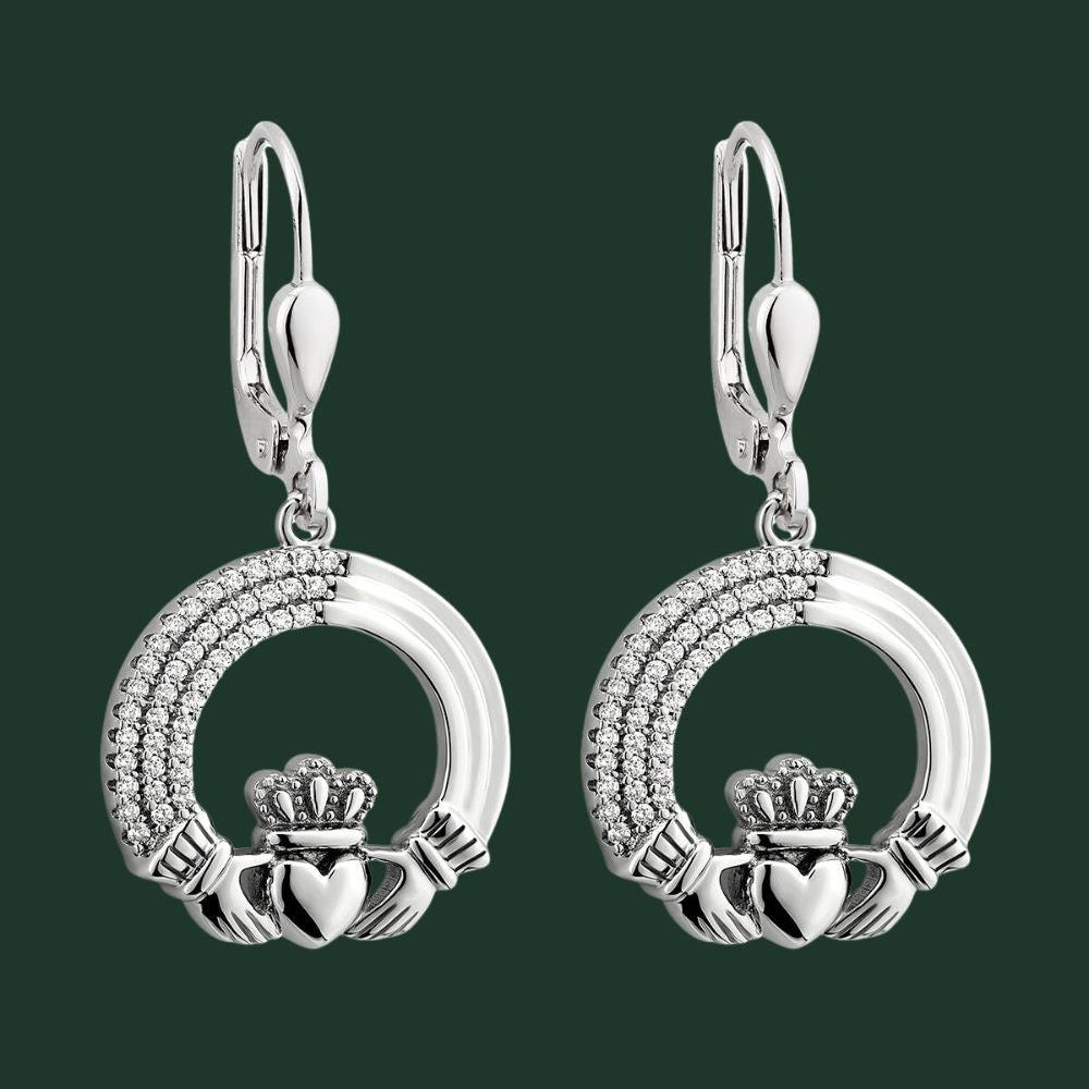 Sterling Silver Crystal Triple Line Claddagh Earrings