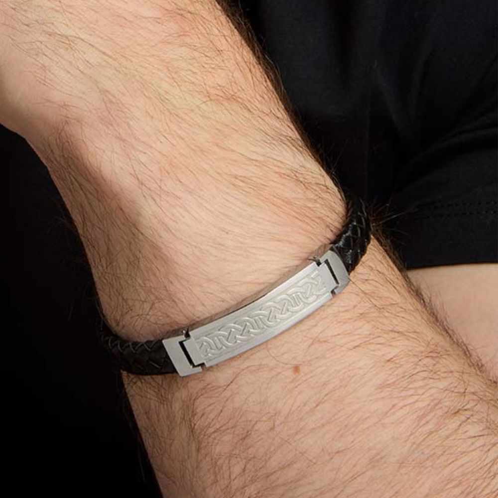Men's Stainless Steel & Black Leather Celtic Knot Bracelet