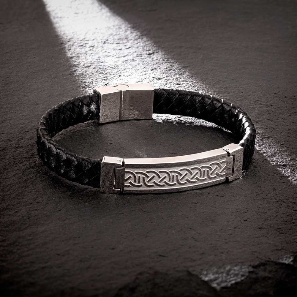 Men's Stainless Steel & Black Leather Celtic Knot Bracelet