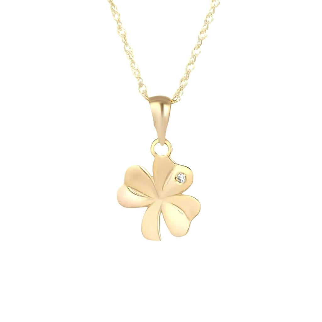 10K Gold CZ Shamrock Necklace- Single CZ Stone