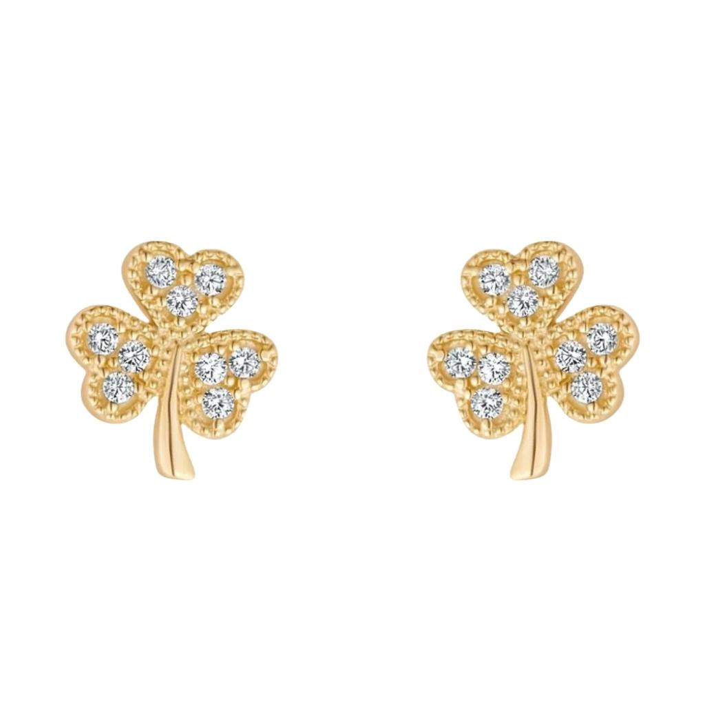 10K Gold Shamrock Stud Earrings- Multi CZ Stones