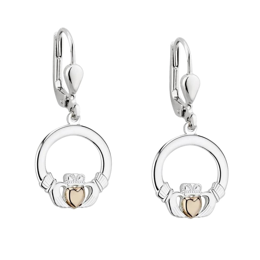 10K Gold and Sterling Silver Claddagh Drop Earrings