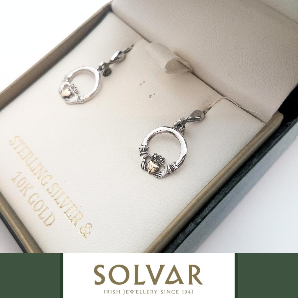 10K Gold and Sterling Silver Claddagh Drop Earrings