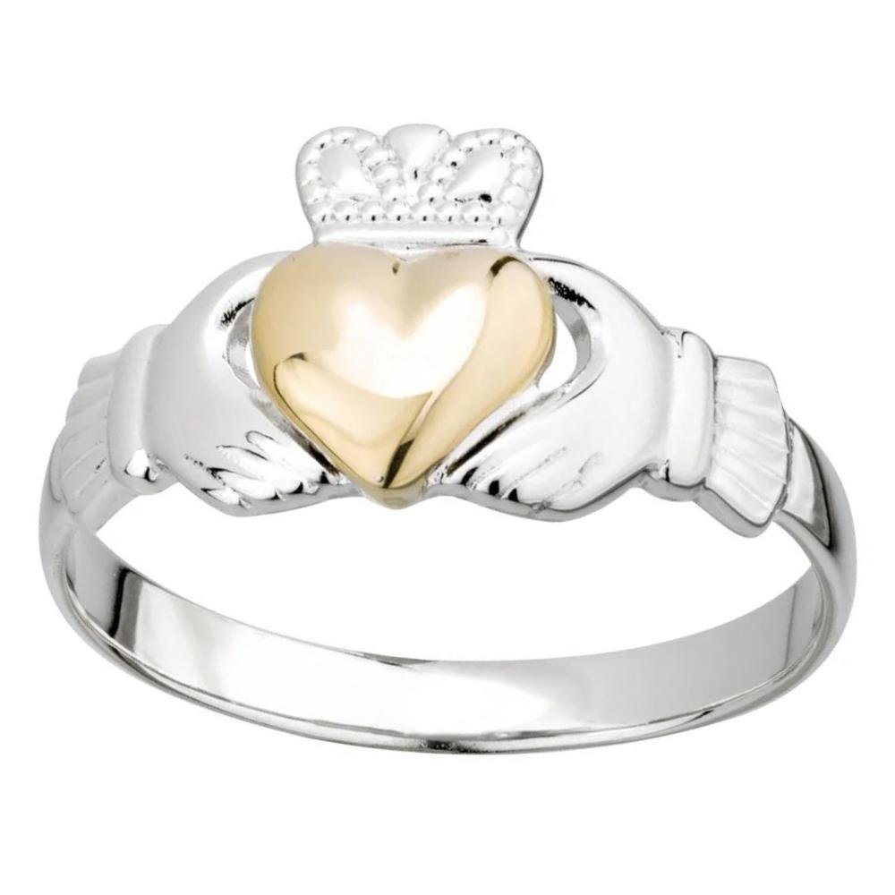 Two-tone claddagh ring with gold heart and silver hands on a white background