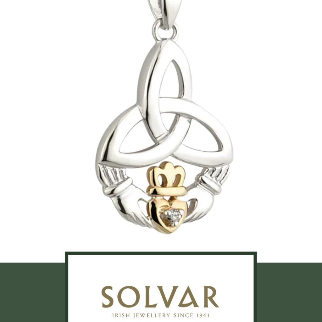 10K Gold and Sterling Silver Diamond Trinity Knot Claddagh Necklace
