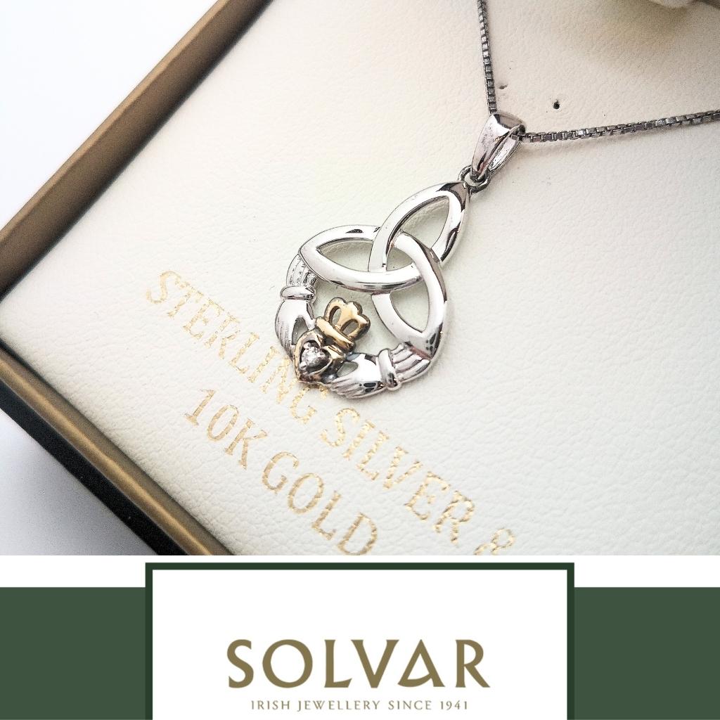 10K Gold and Sterling Silver Diamond Trinity Knot Claddagh Necklace