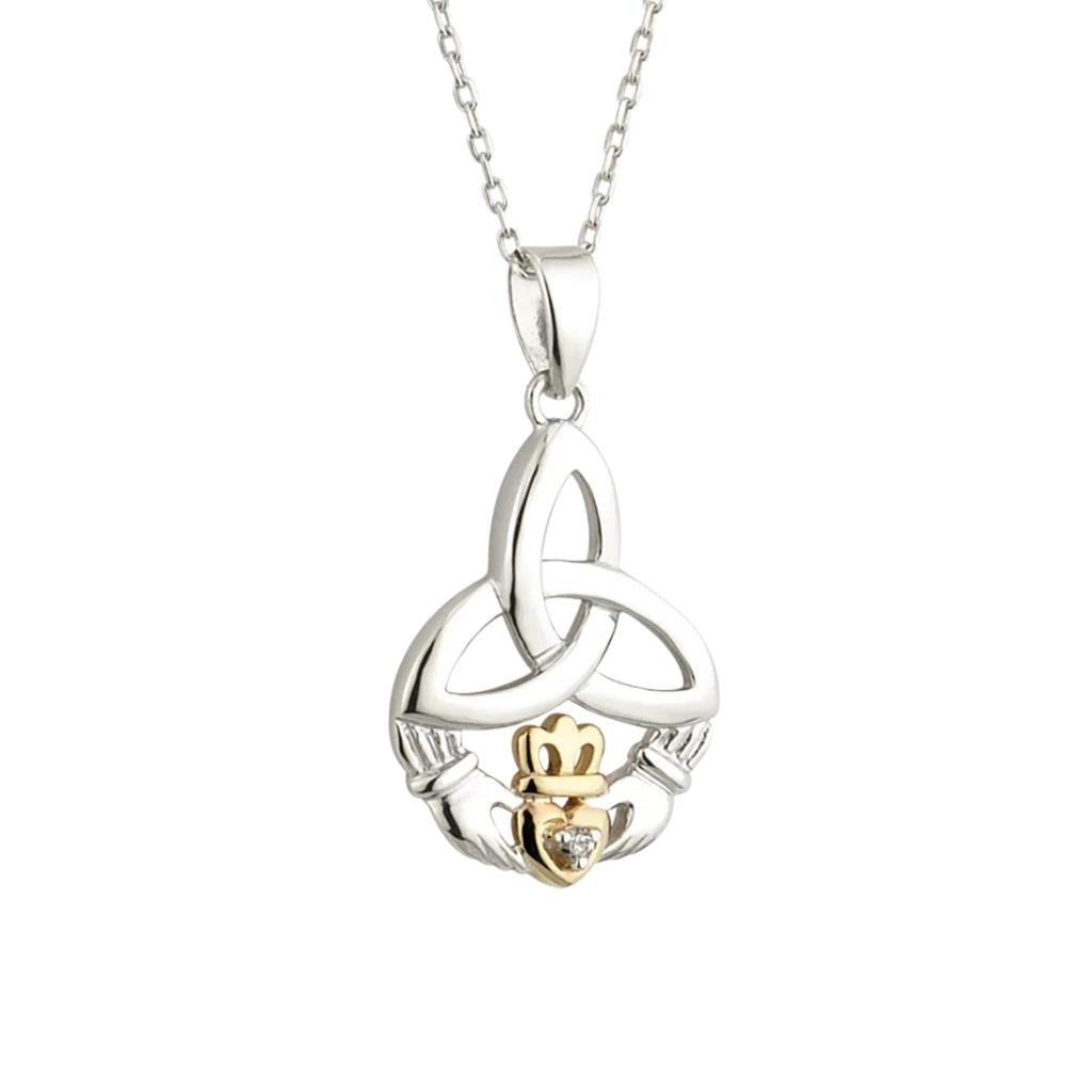10K Gold and Sterling Silver Diamond Trinity Knot Claddagh Necklace