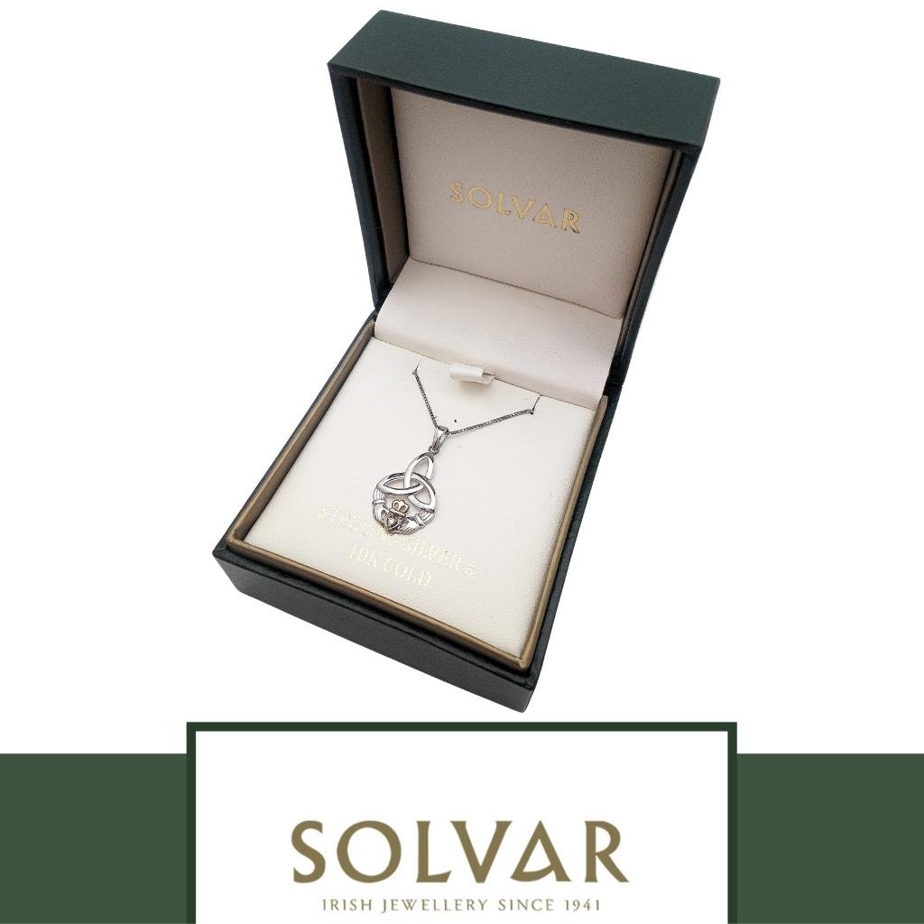 10K Gold and Sterling Silver Diamond Trinity Knot Claddagh Necklace