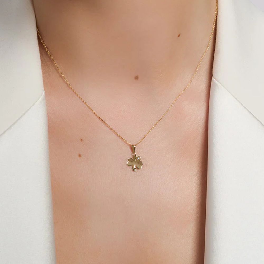 10K Gold CZ Shamrock Necklace - Single CZ Stone