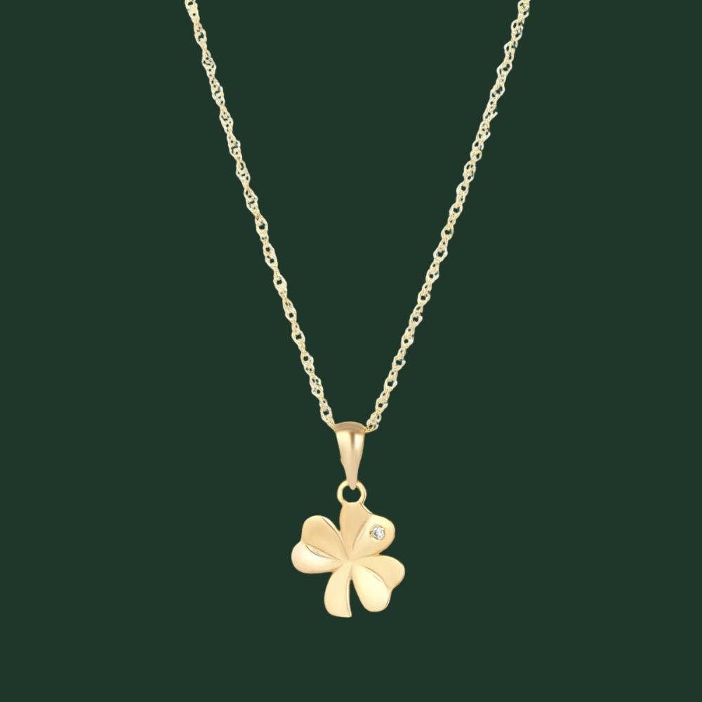 10K Gold CZ Shamrock Necklace - Single CZ Stone