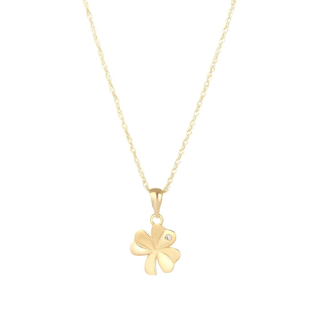 10K Gold CZ Shamrock Necklace - Single CZ Stone