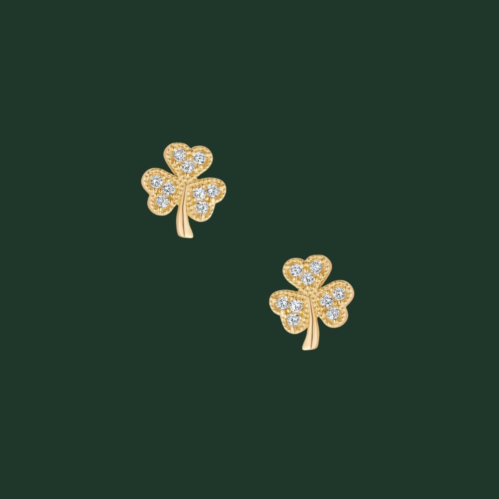 10K Gold Shamrock Stud Earrings - Multi CZ Stones