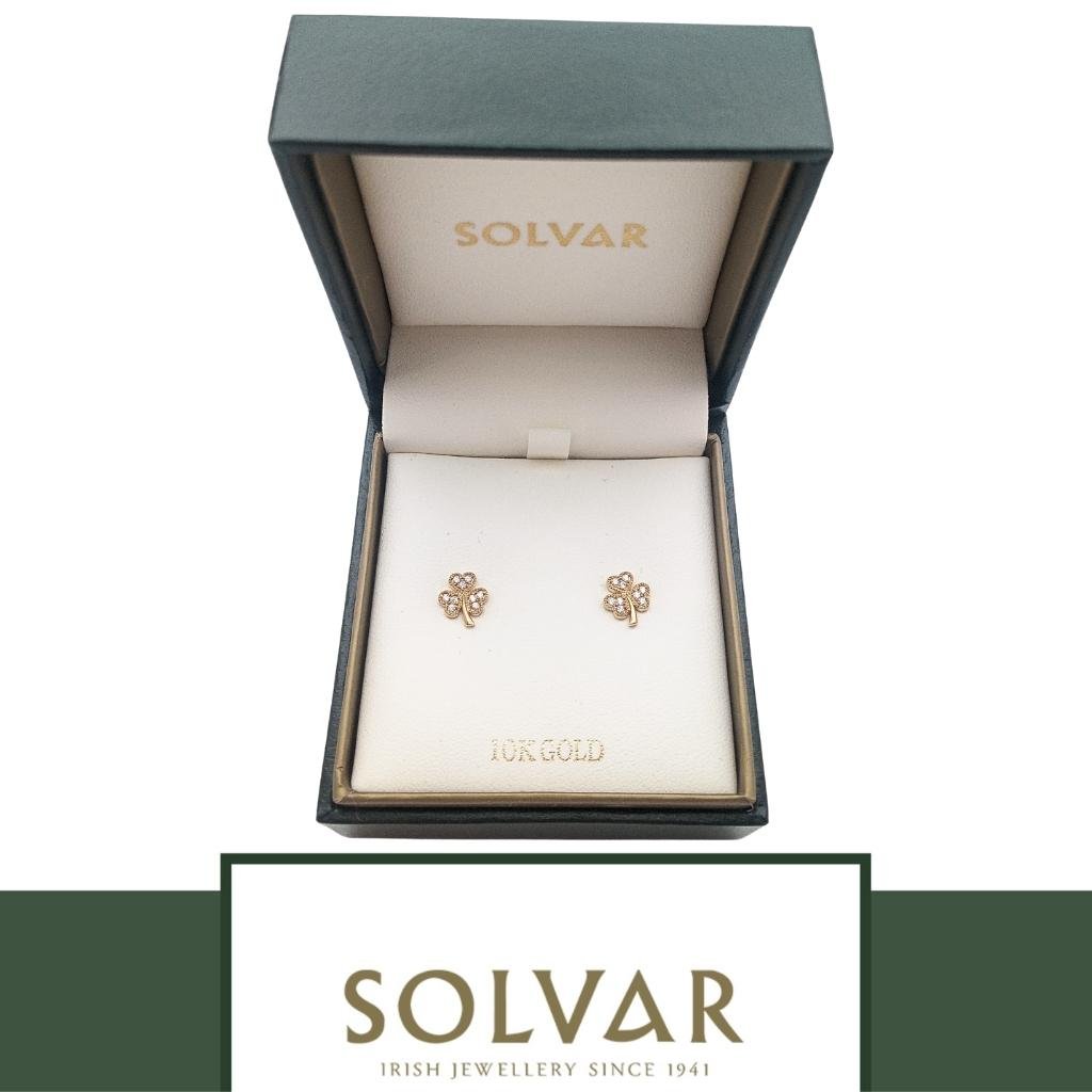 10K Gold Shamrock Stud Earrings- Multi CZ Stones