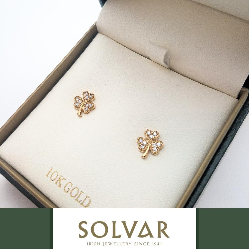 10K Gold Shamrock Stud Earrings- Multi CZ Stones