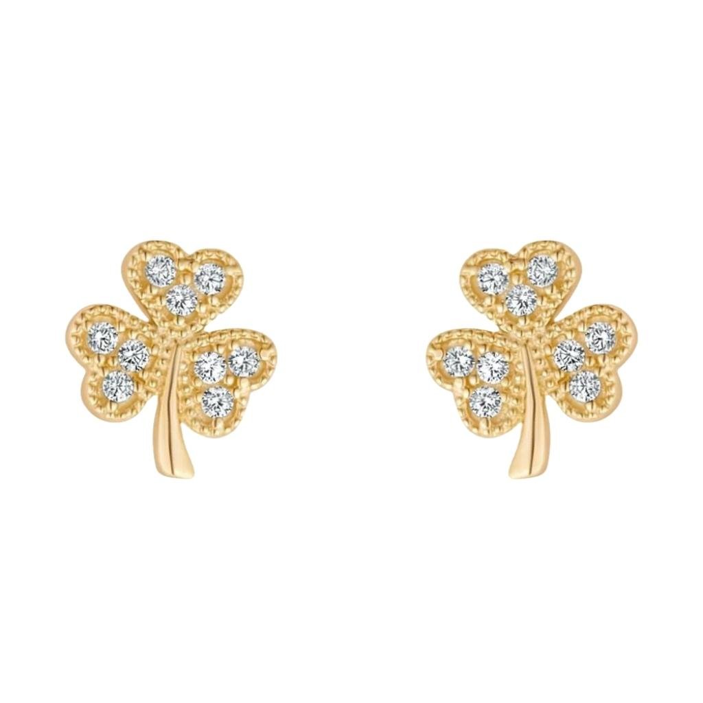 10K Gold Shamrock Stud Earrings- Multi CZ Stones