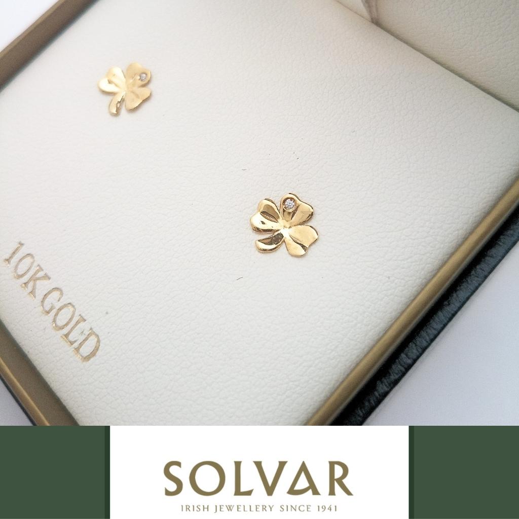 10K Gold Shamrock Stud Earrings- Single CZ Stone