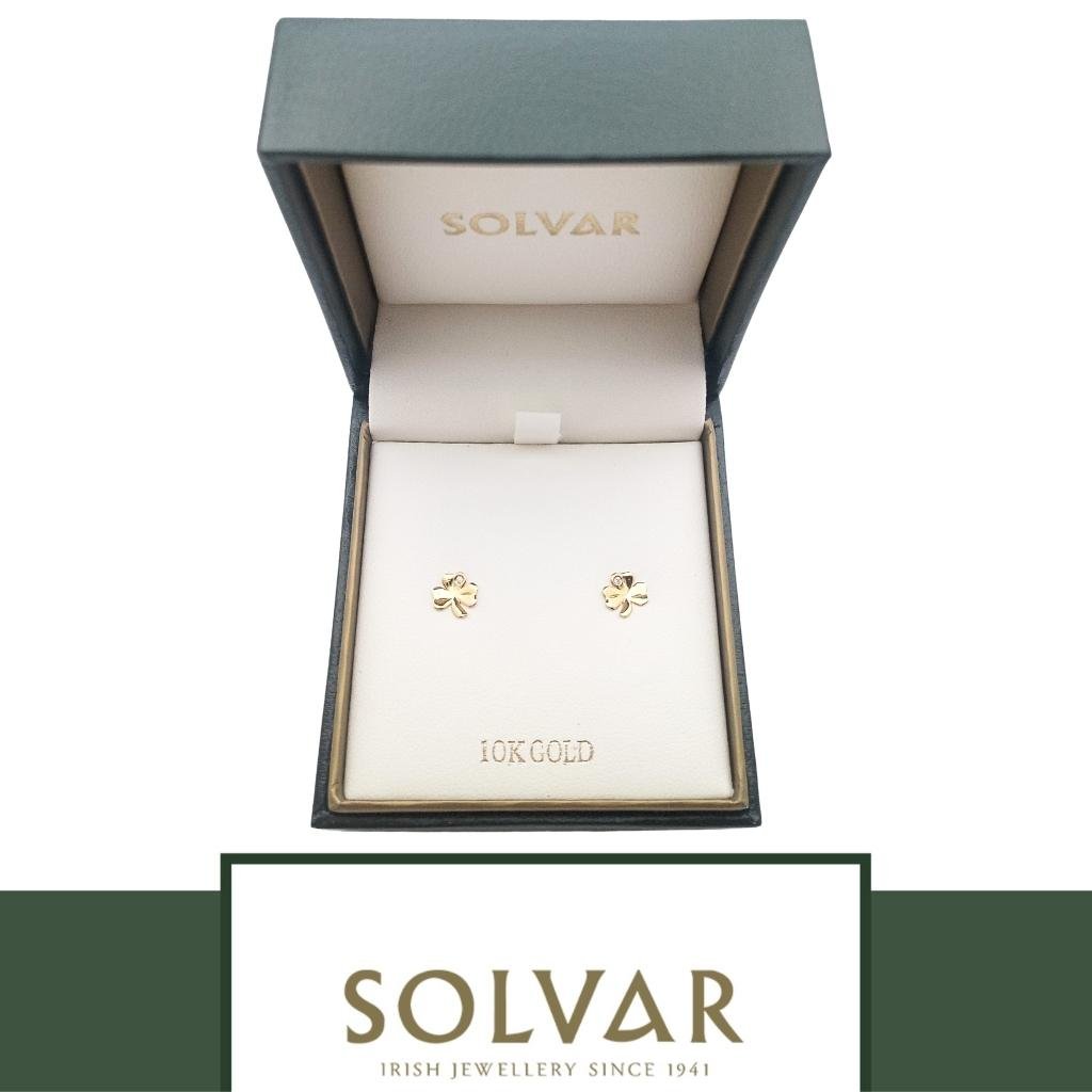 10K Gold Shamrock Stud Earrings- Single CZ Stone
