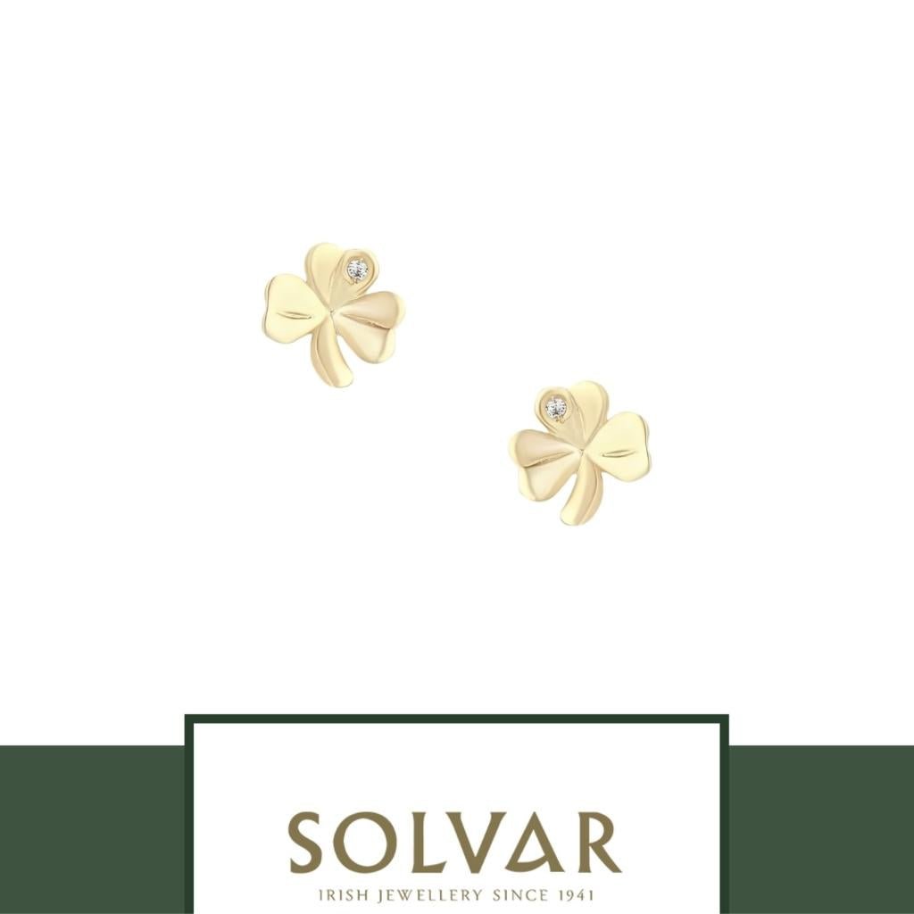10K Gold Shamrock Stud Earrings- Single CZ Stone