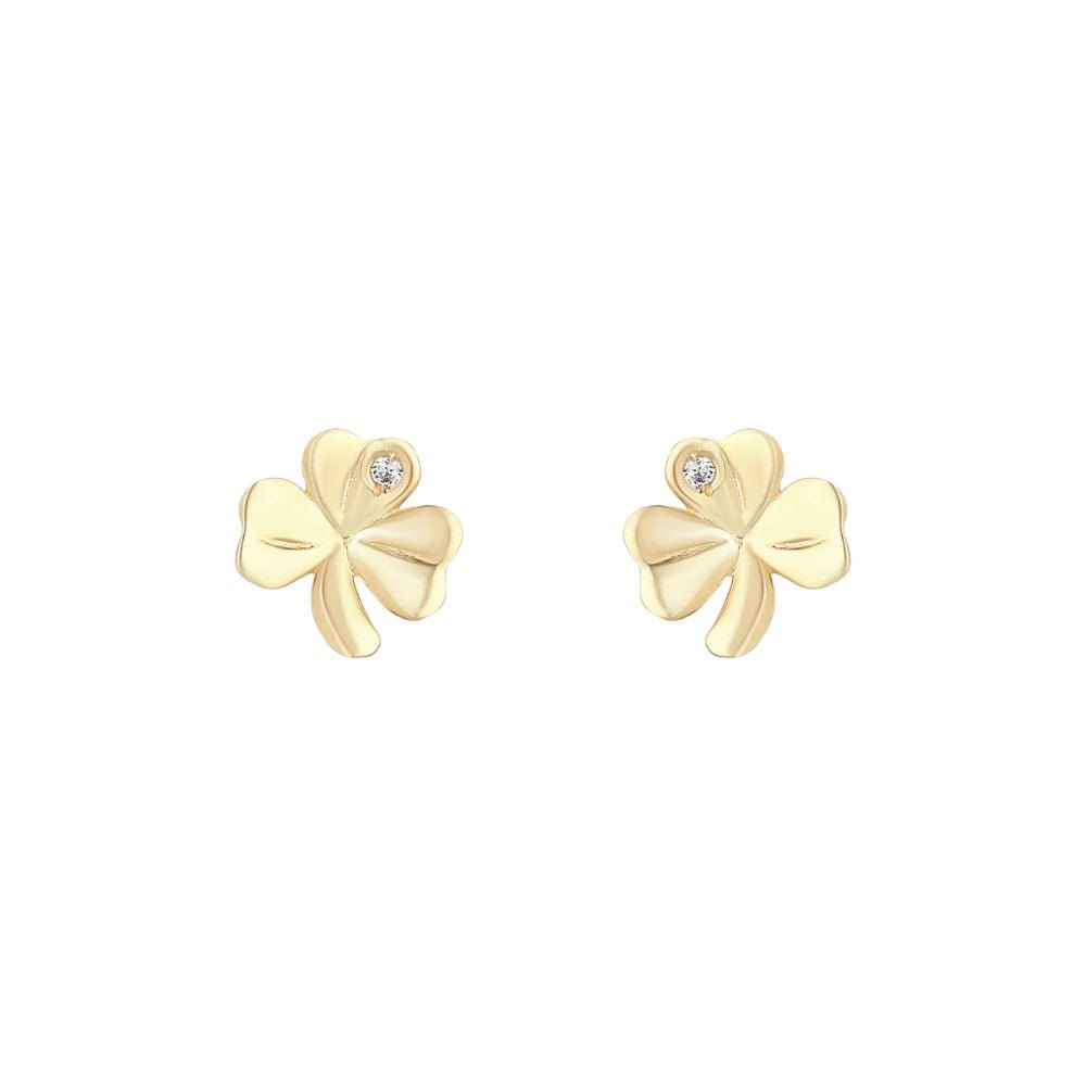 10K Gold Shamrock Stud Earrings - Single CZ Stone - The Celtic Gift Store - Earrings