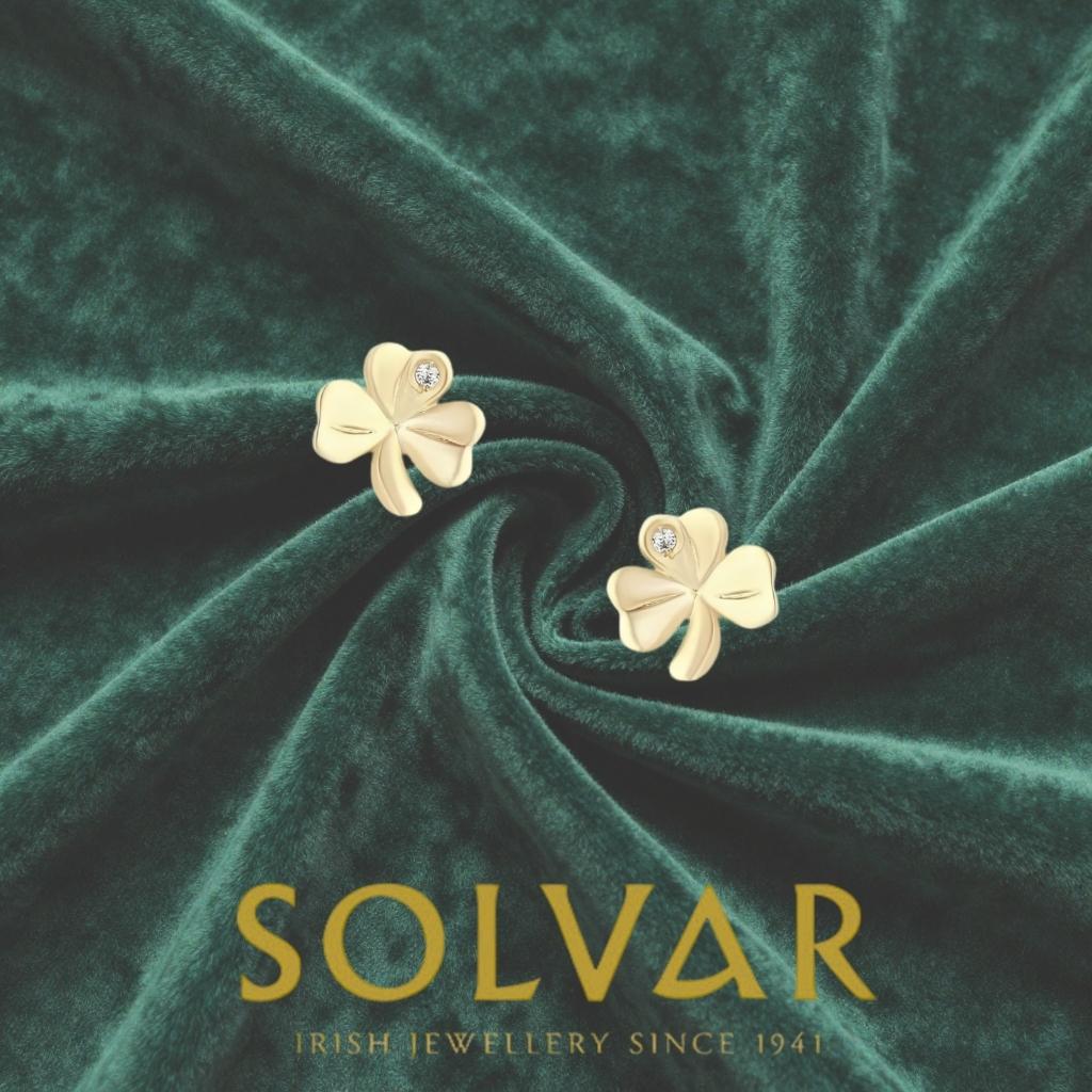 10K Gold Shamrock Stud Earrings- Single CZ Stone