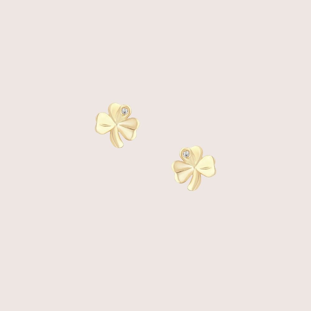 10K Gold Shamrock Stud Earrings - Single CZ Stone