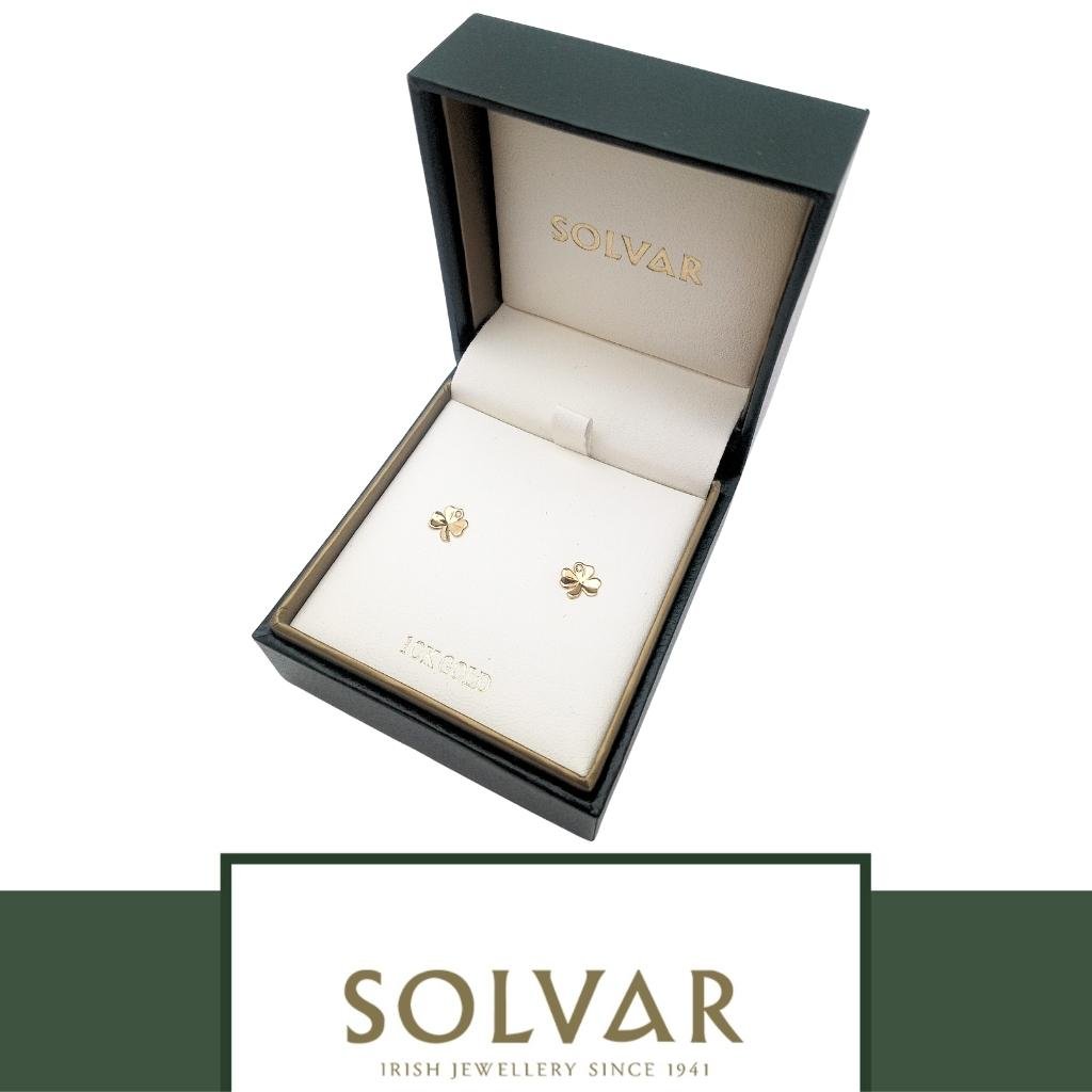 10K Gold Shamrock Stud Earrings- Single CZ Stone