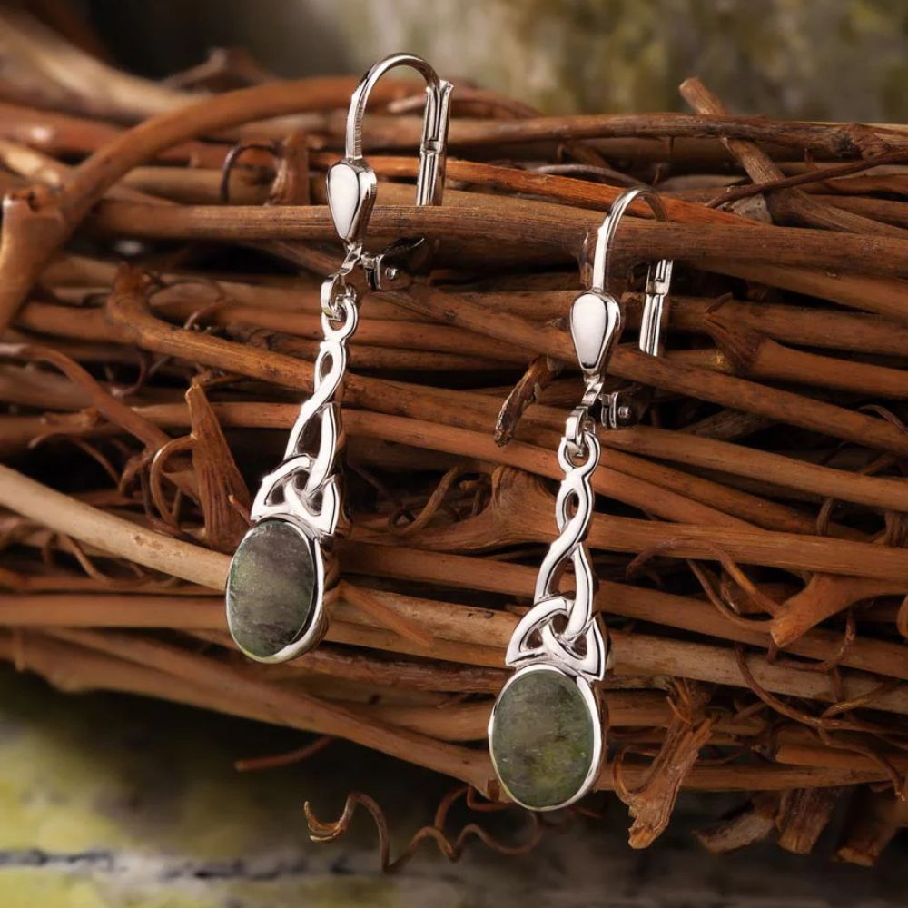Connemara Marble And Sterling Silver Long Trinity Knot Drop Earrings
