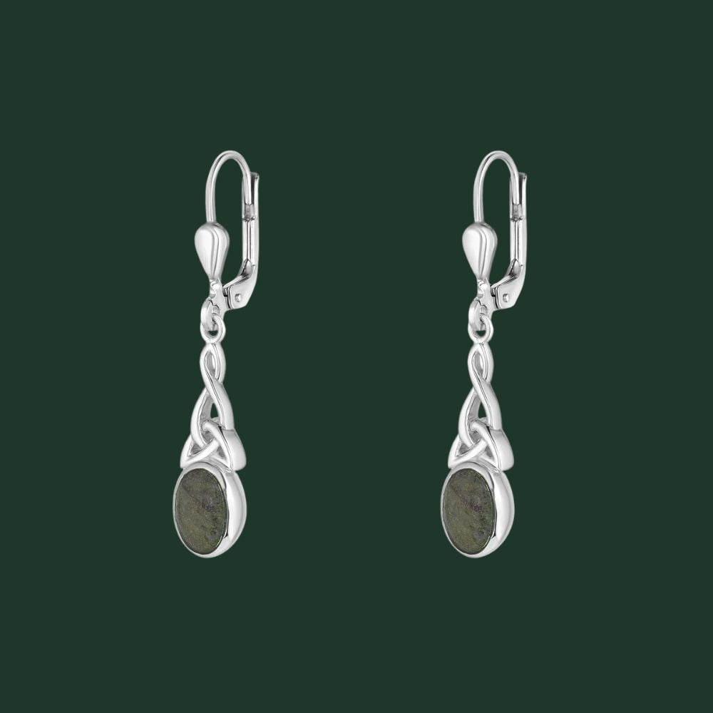 Connemara Marble And Sterling Silver Long Trinity Knot Drop Earrings