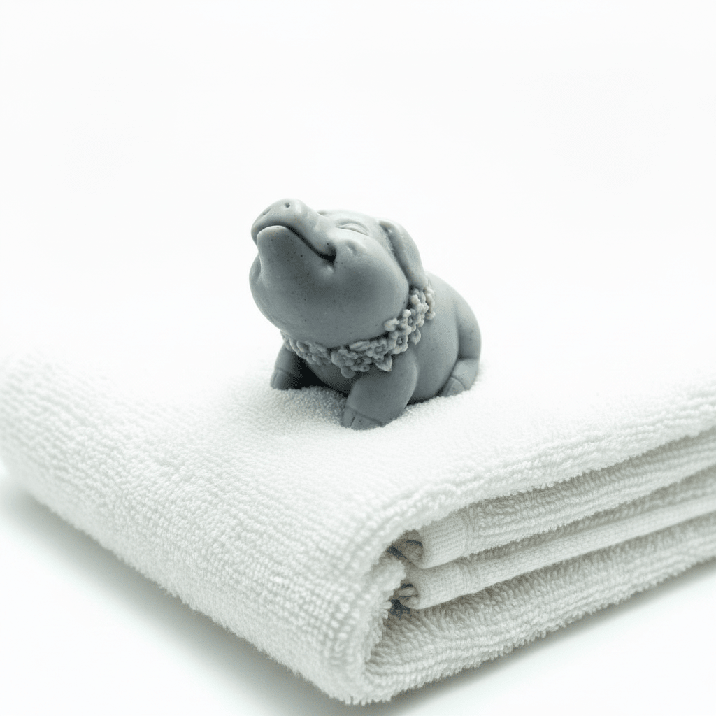 Gray hippo figurine with a necklace on a white towel