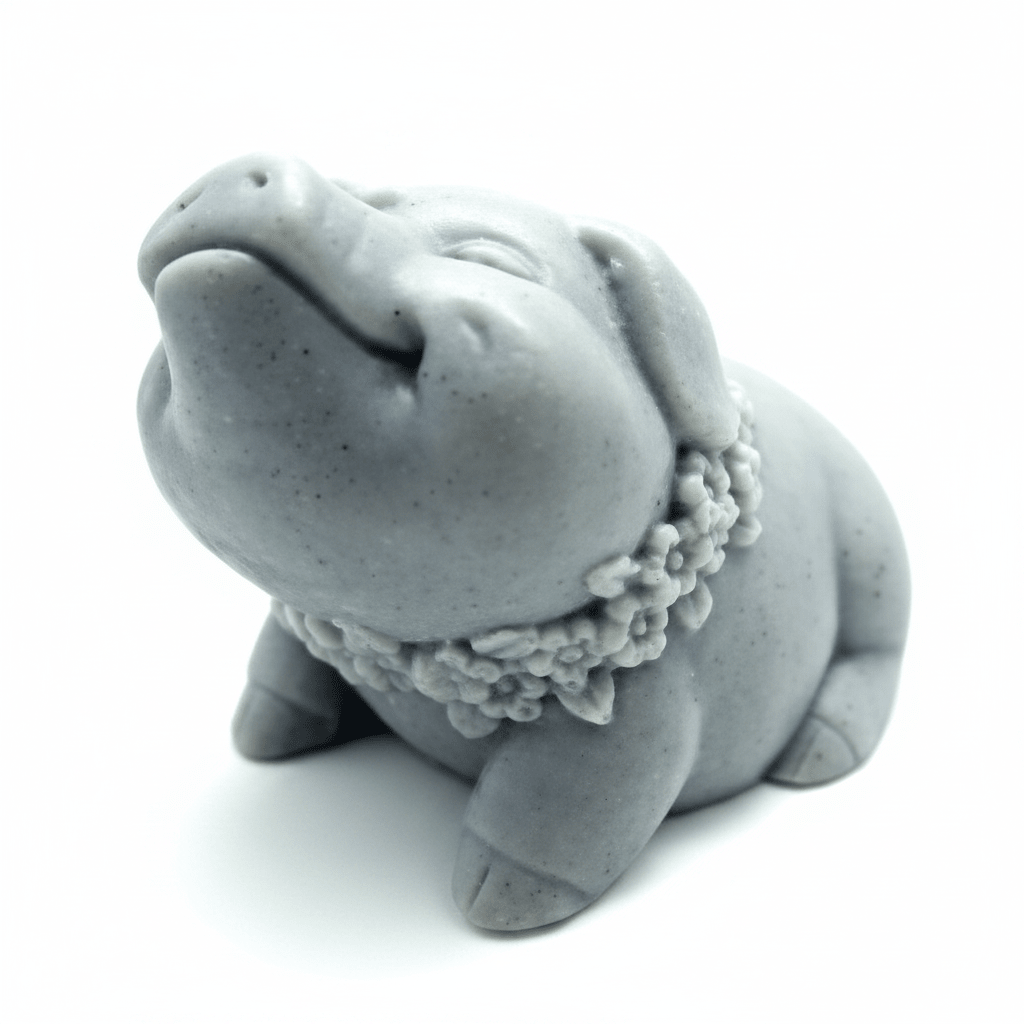 Gray ceramic pig figurine with a floral wreath on a white background