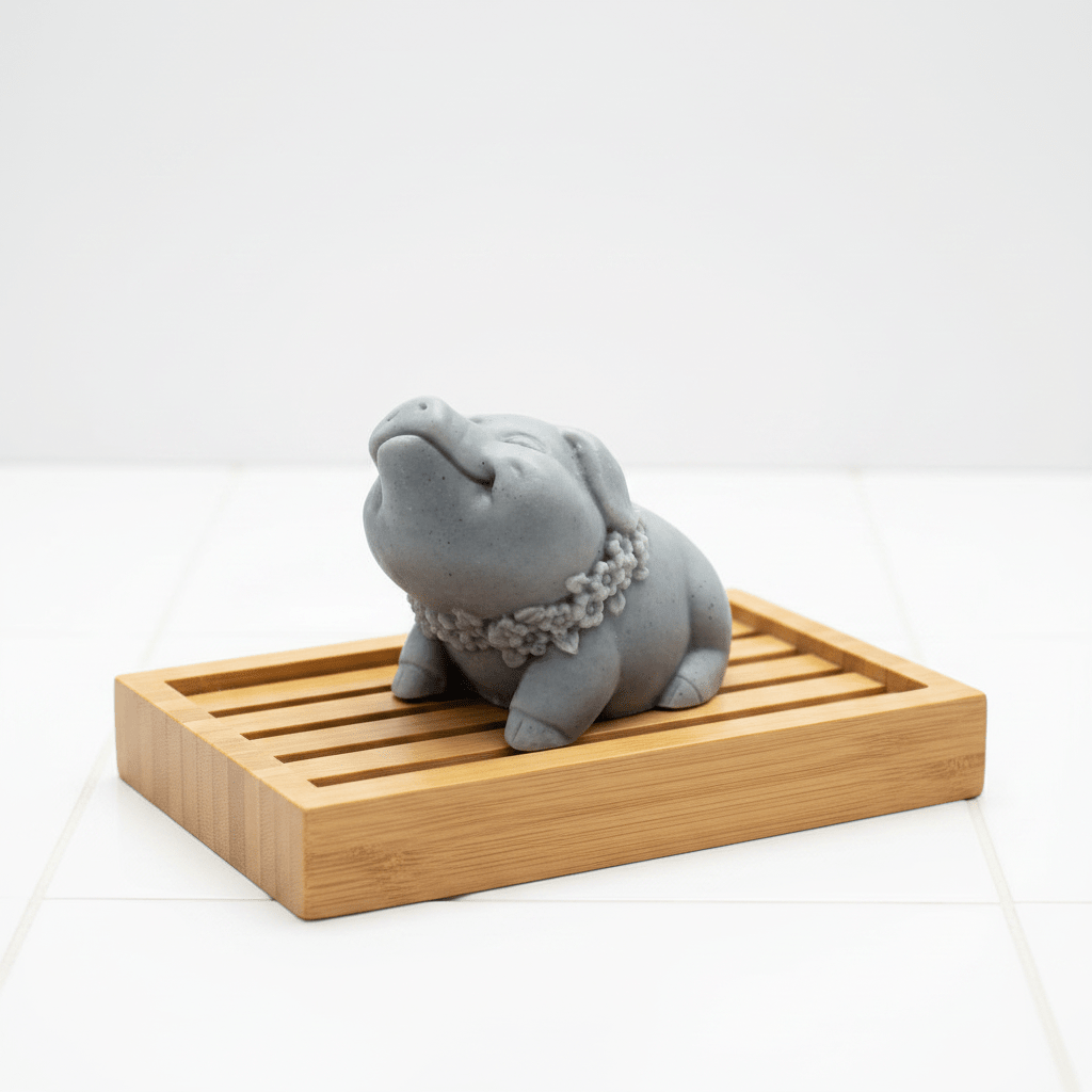 Gray hippo figurine with a floral necklace on a wooden stand against a white background