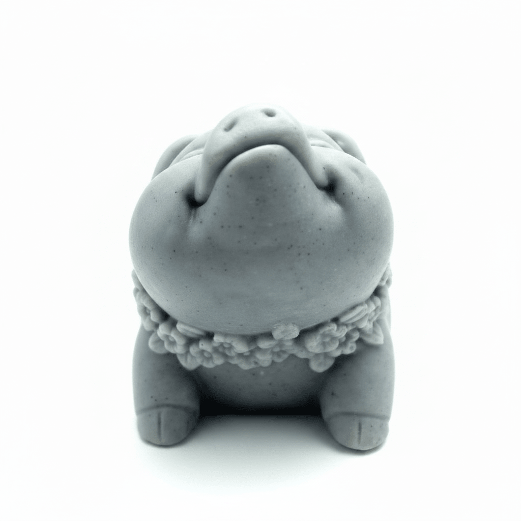 Gray ceramic pig figurine with a floral wreath on a white background