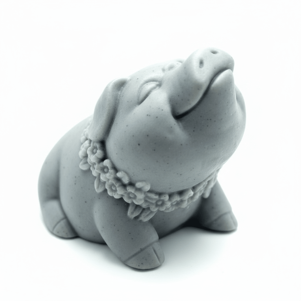 Gray ceramic piggy bank with floral design on a white background