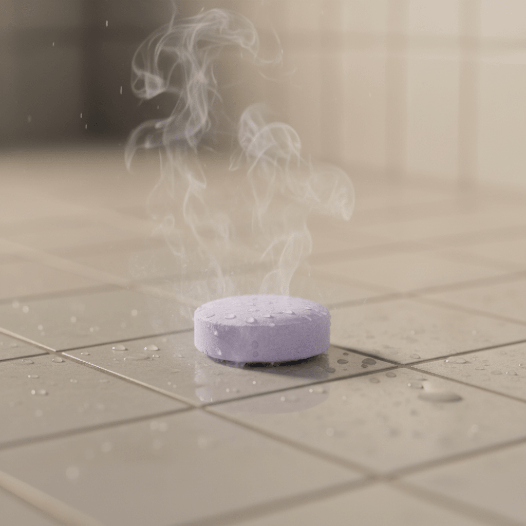 Purple bath bomb releasing steam on a tiled surface