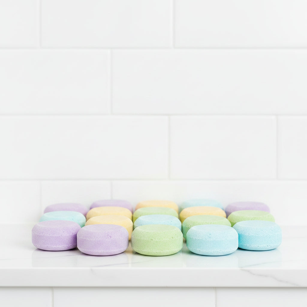 Pastel-colored macarons arranged on a white surface with a white tiled wall background