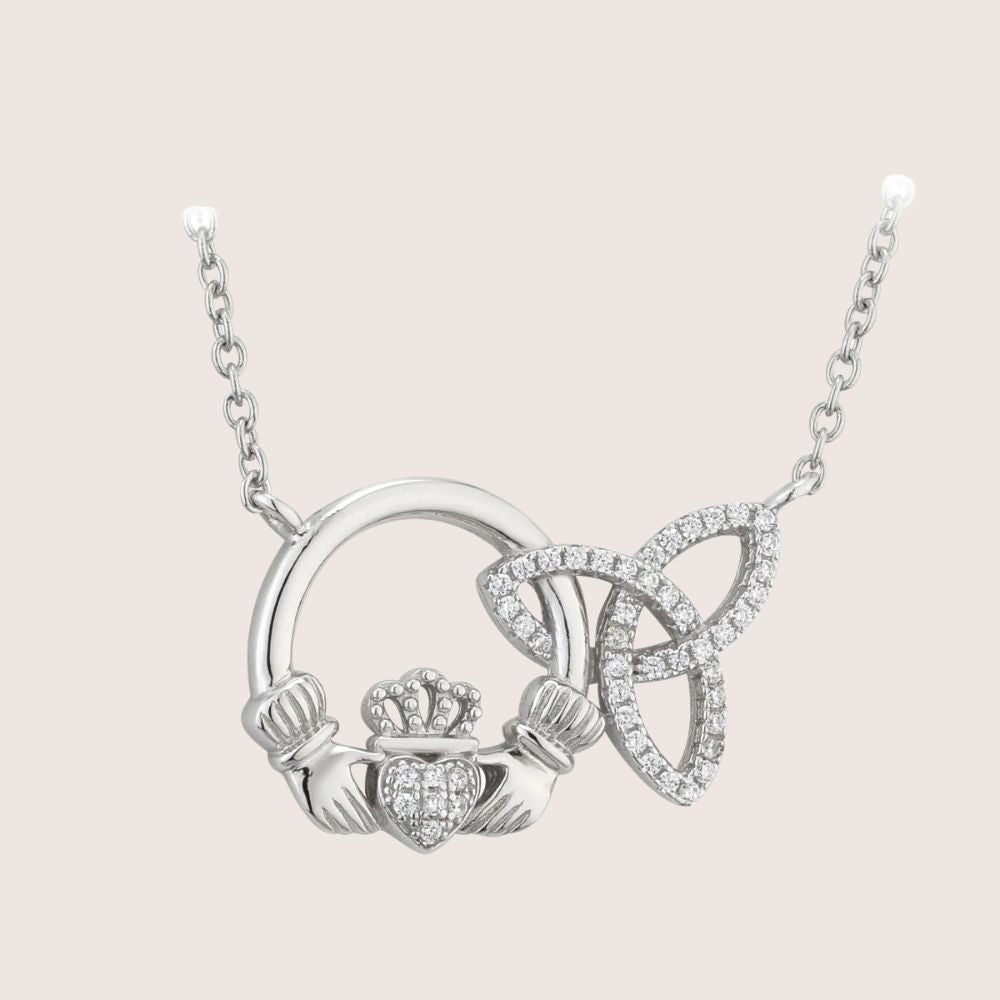 Sterling Silver Interlocking Claddagh and Trinity Knot Necklace