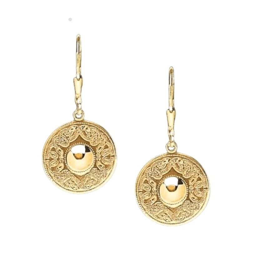 Gold earrings with intricate design on a white background.