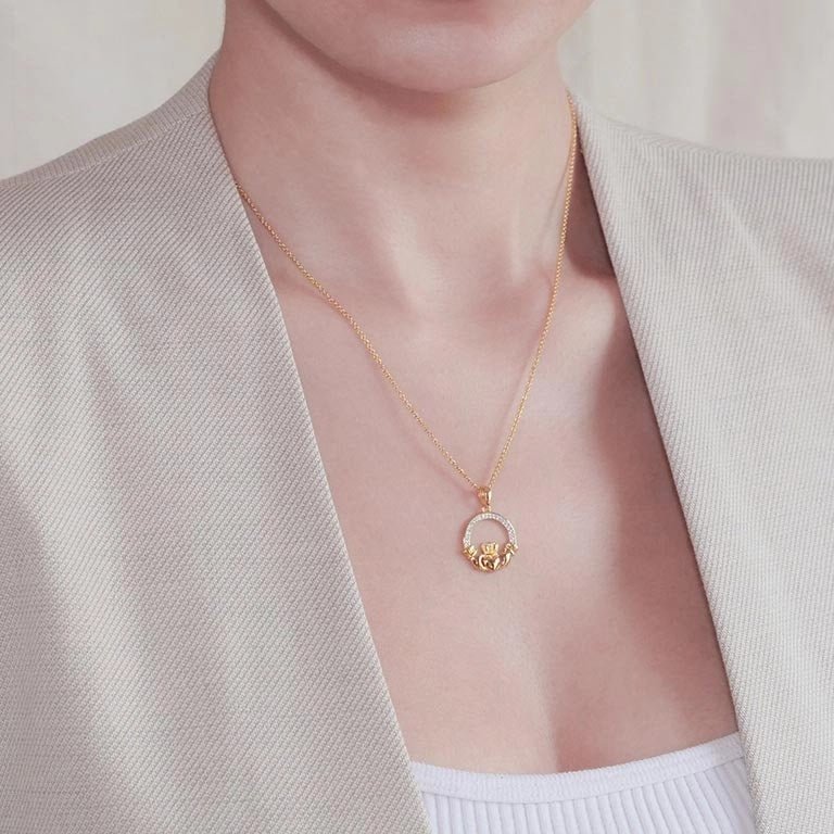 14K Gold Vermeil Claddagh Necklace With Cubic Zirconia - The Celtic Gift Store - Necklaces