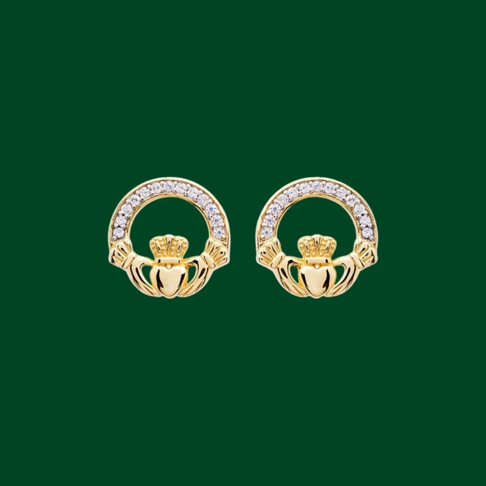14K Gold Vermeil Claddagh Stud Earrings With Cubic Zirconia